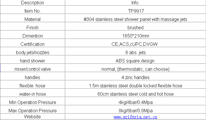 Bathroom Massage 304 Stainless Steel with Six Spray Jets Shower Panel TP9917