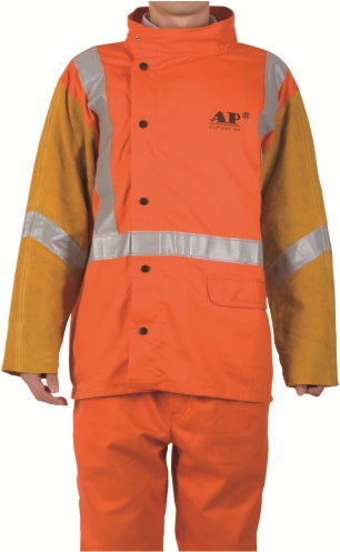 AP2730 flame retardart cotton with leather sleeves design reflective safety tape jacket