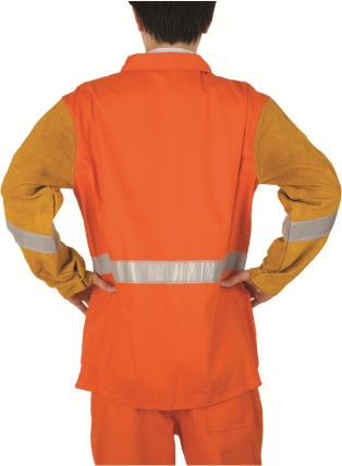 AP2730 flame retardart cotton with leather sleeves design reflective safety tape jacket