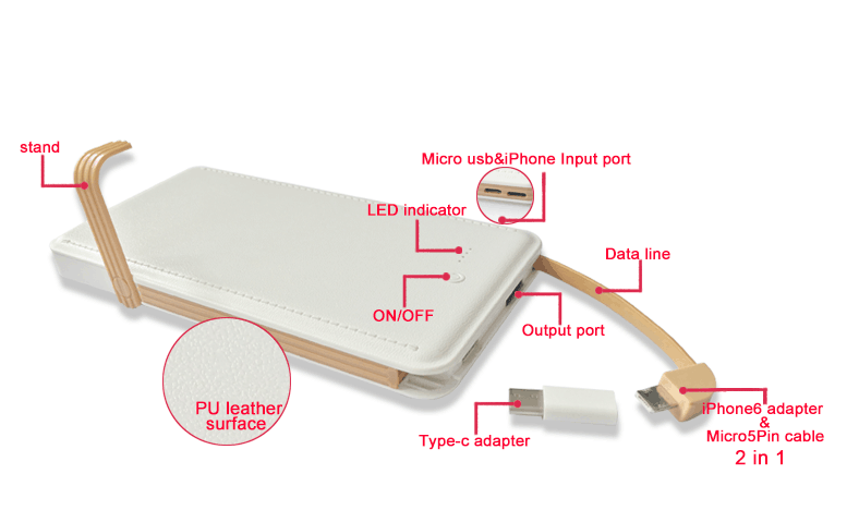 mobile charger builtin cable card power bank with holder 10000mah