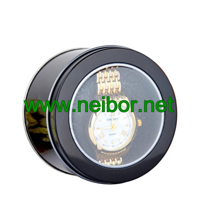 Black Color Square Metal Tin Watch Case Watch Display Box with Window Foam