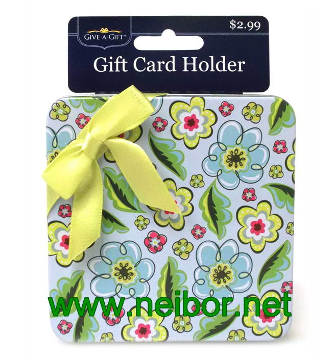 Round shape gift card tin holder with ribbon and flocked tray