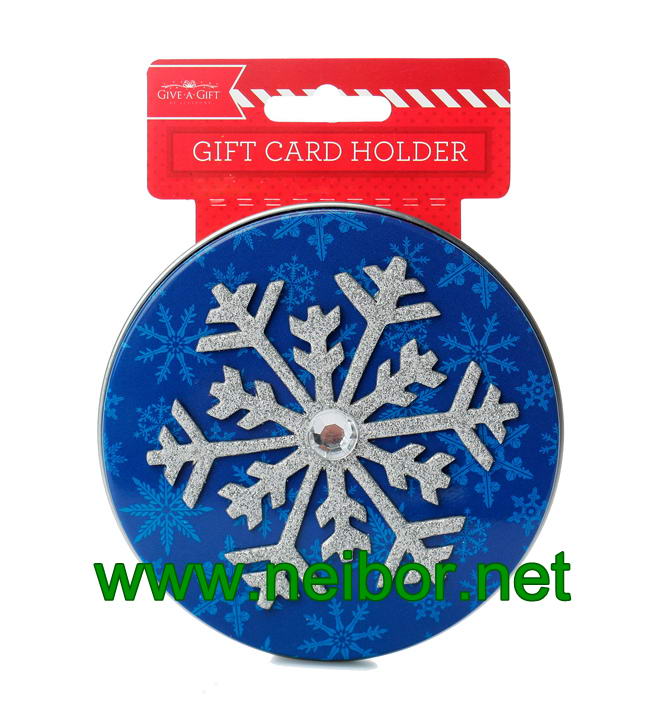 Round shape gift card tin holder with ribbon and flocked tray
