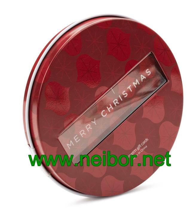 Round shape gift card tin holder with ribbon and flocked tray