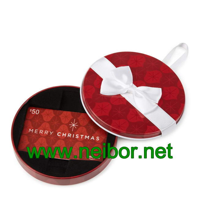 Round shape gift card tin holder with ribbon and flocked tray