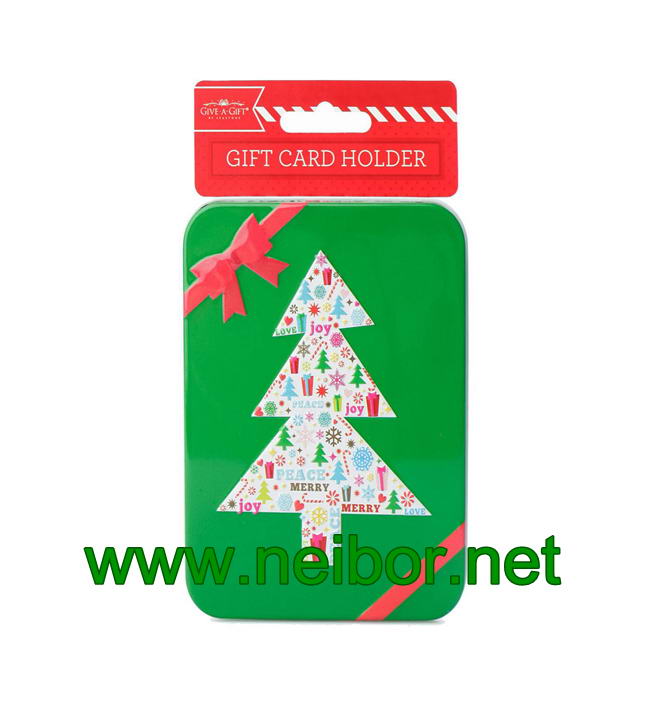 Round shape gift card tin holder with ribbon and flocked tray