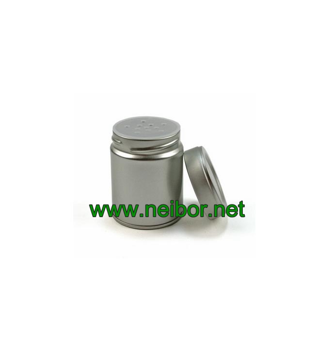 metal tin spice shaker with pouring holes and clear window