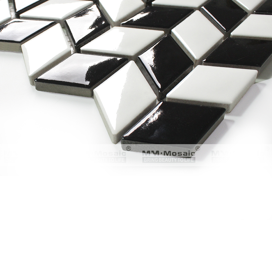 Chinese supplier white blackwhite rhombus ceramic mosaic wall tiles backsplash