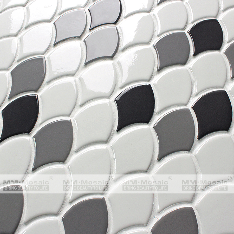 Fish scale white black beige grey tile wall mosaic backsplash mosaic patterns for restaurant kitchen bathoom walls