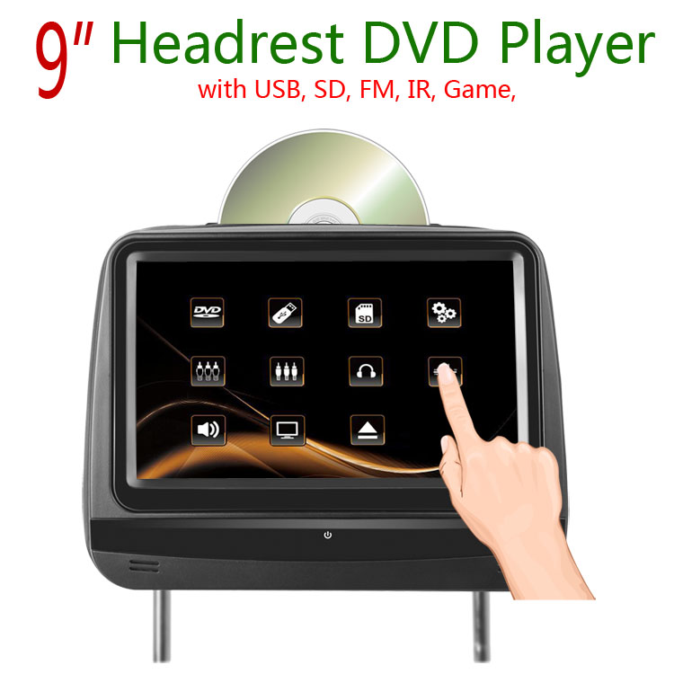 9 inch Headrest DVD Player with FM IR USB SD Wireless Game 15 degrees up and down to adjust