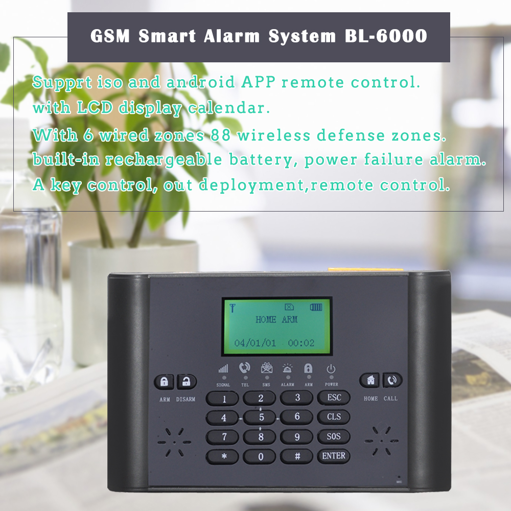 LCD screen wireless home security GSM alarm system 6 languages Android IOS APP remote control BL6000
