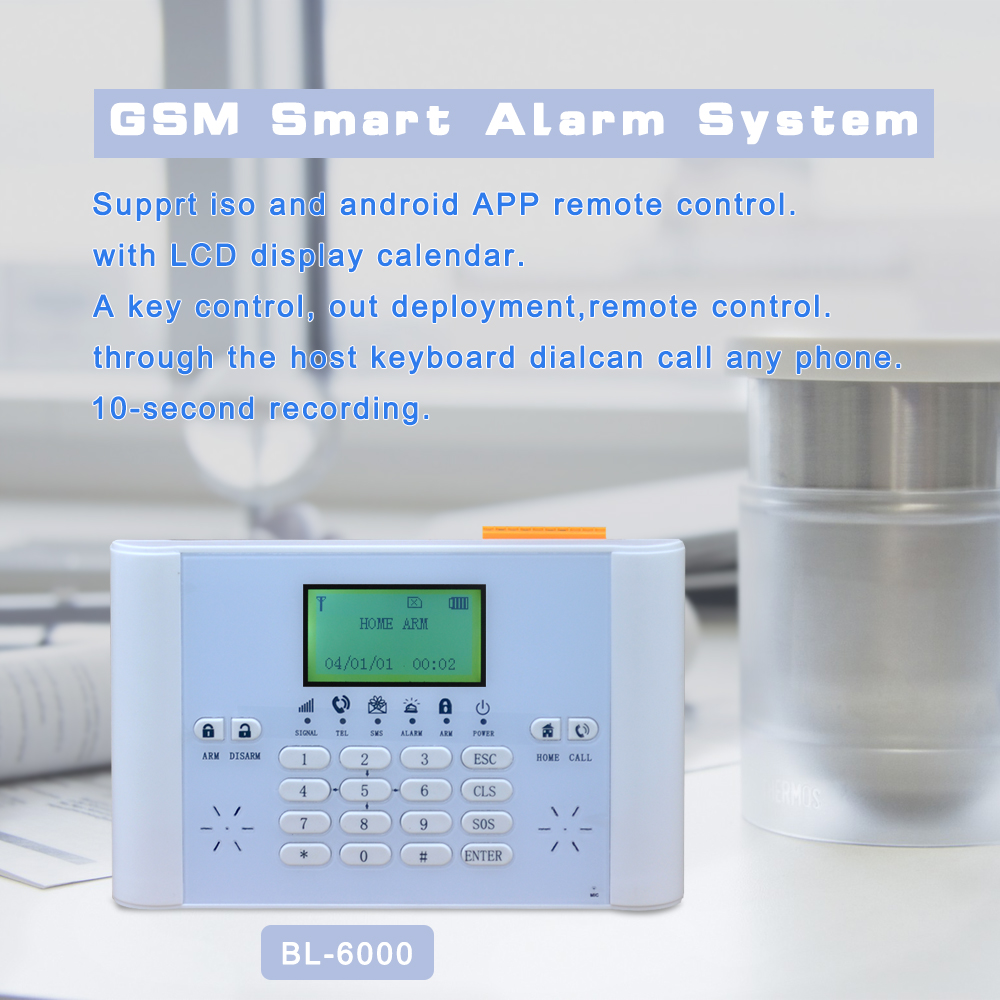 LCD screen wireless home security GSM alarm system 6 languages Android IOS APP remote control BL6000