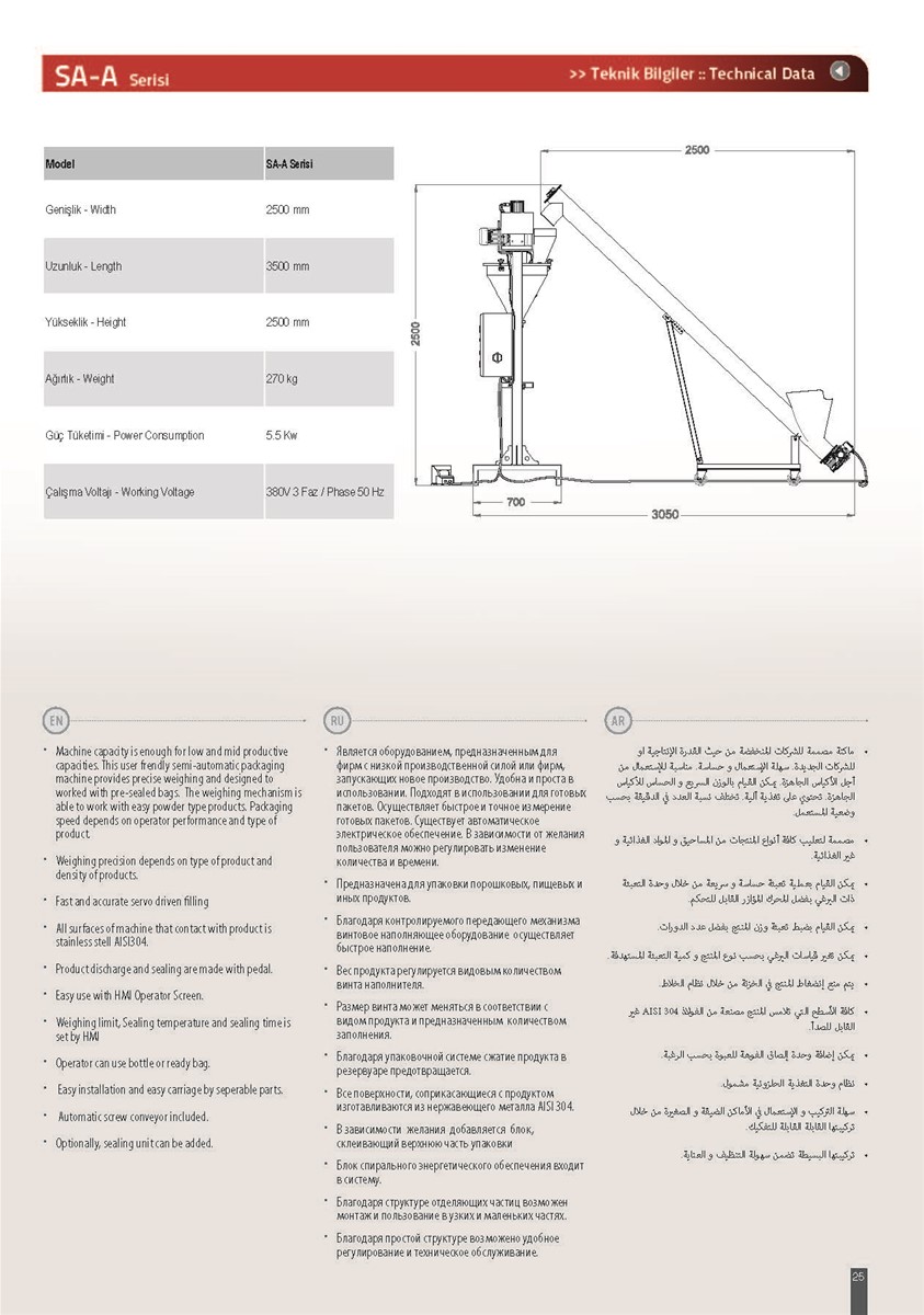 SAA SERIES Semi Automatic Auger Filling Machine