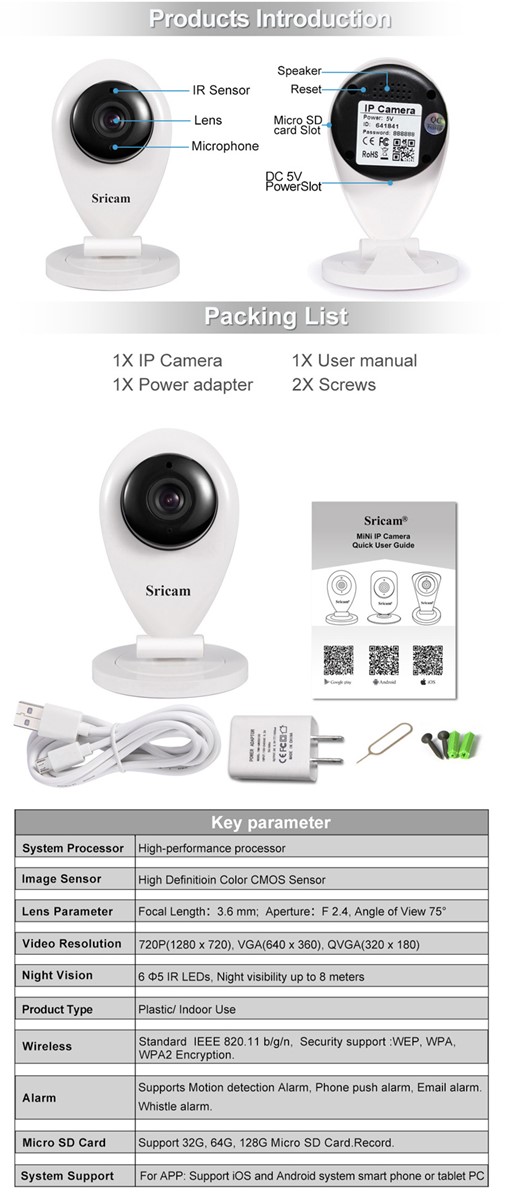 Sricam SP009A CMOS HD 720P Wireless WiFi IRCUT Night Vision IP Camera Baby Monitor