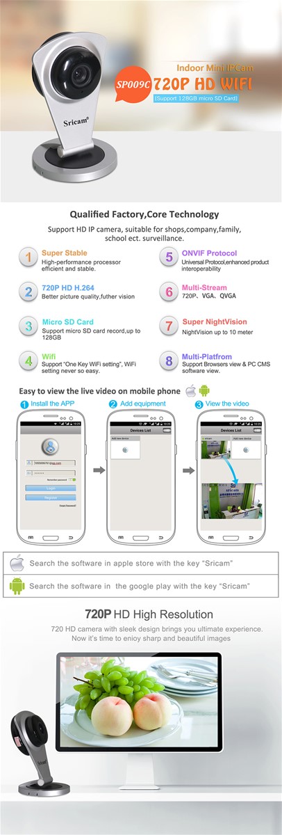 Sricam SP009C CMOS HD 720P Wireless WiFi IRCUT Two Way Audio Indoor IP CameraSupporting SD Card Recording