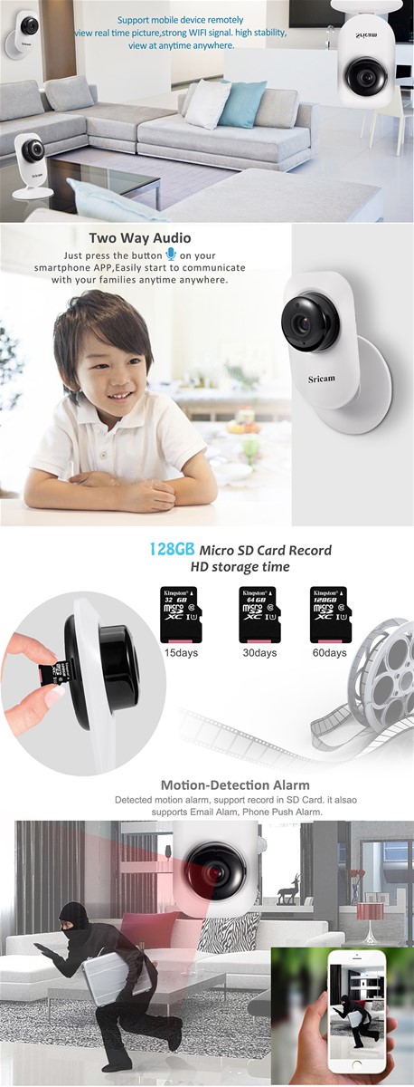 Sricam SP009B H264 P2P Two Way Audio Alarm Promotion Wireless WiFi IP Camera with IRCUT tech