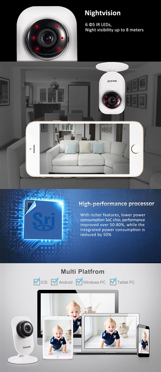 Sricam SP009B H264 P2P Two Way Audio Alarm Promotion Wireless WiFi IP Camera with IRCUT tech