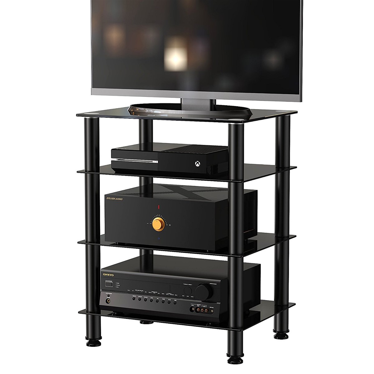 black glass audio video shelving floor stand 4tier Media Component Stand Audio Cabinet with Glass Shelf AV0082