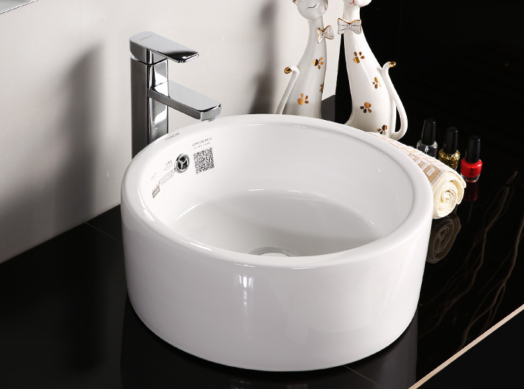 Round Countertop Ceramic Sink Bathroom Vessel Sink with Overflow