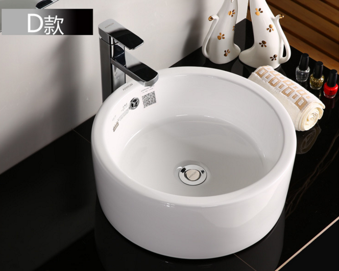 Round Countertop Ceramic Sink Bathroom Vessel Sink with Overflow