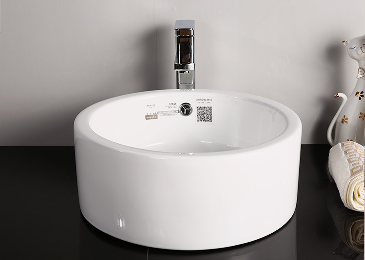 Round Countertop Ceramic Sink Bathroom Vessel Sink with Overflow