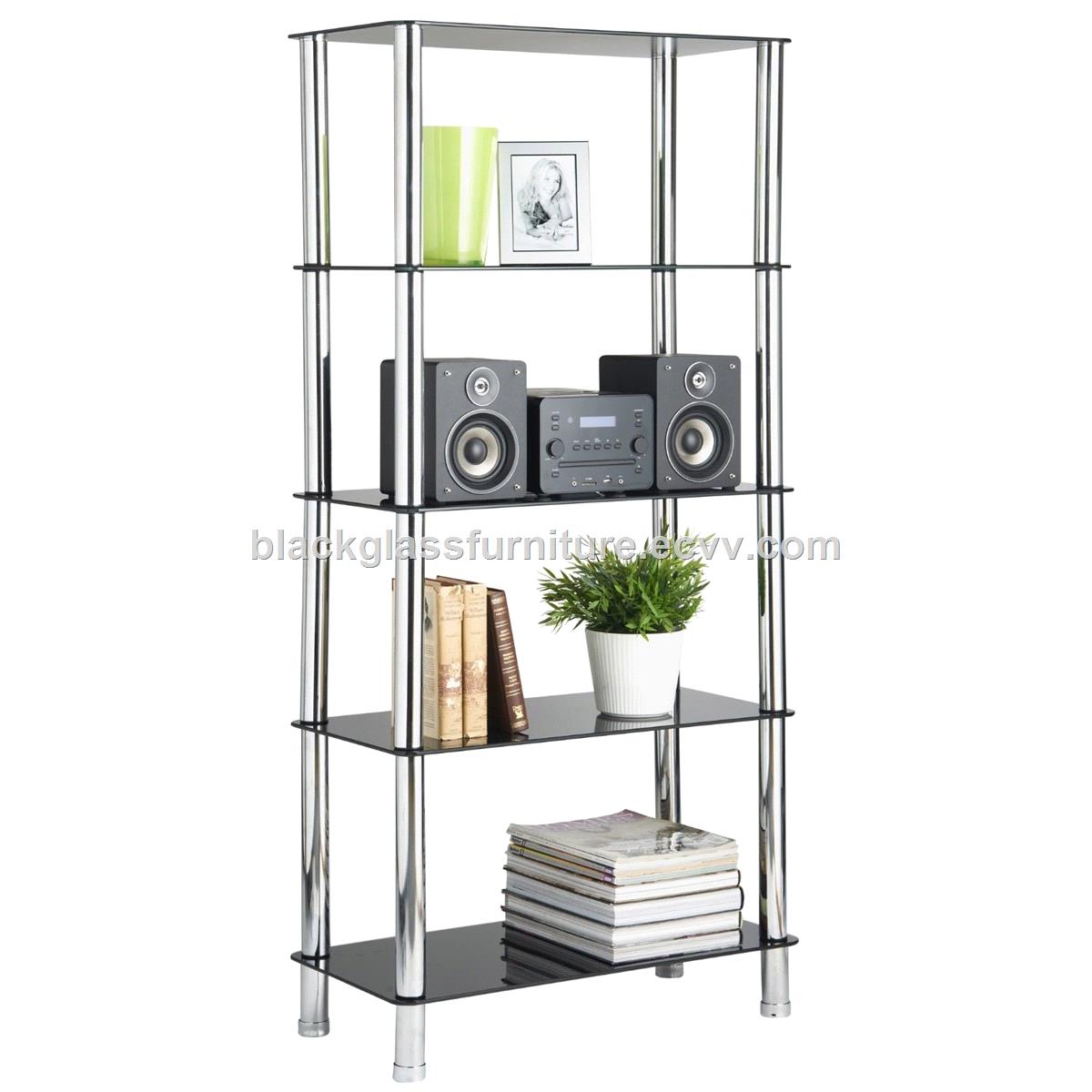 5Tier Black Glass Shelving Unit Bookcase with Chrome Legs