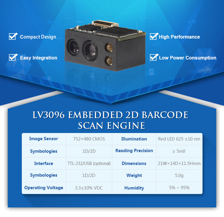 LV3096 Low Consume 2D TTL embedded mini barcode reader module for handheld devices