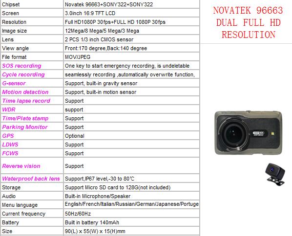 30 inch HD 1080P 170 Degree Angle Dual Lens plastic car dvr camera