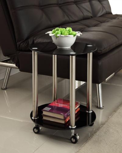 Black Glass 2 Tier Side End Table Chrome Finish with Wheels Stylish New Coffee
