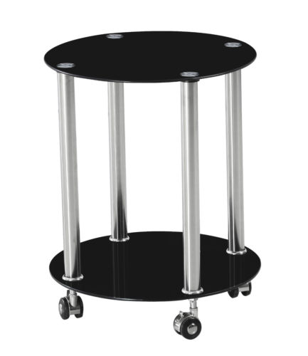 Black Glass 2 Tier Side End Table Chrome Finish with Wheels Stylish New Coffee