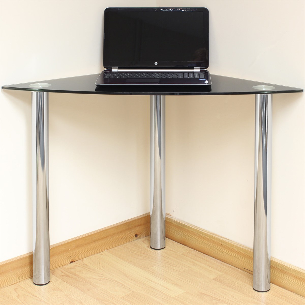Black Glass Corner ComputerPCLaptop Desk HomeOfficeStudy Table Chrome Legs