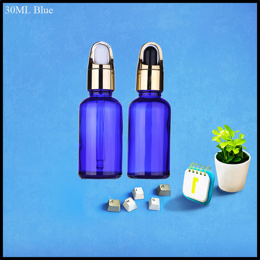 wholesale 30ml beauty care blue color empty glass essential oil bottle with dropper