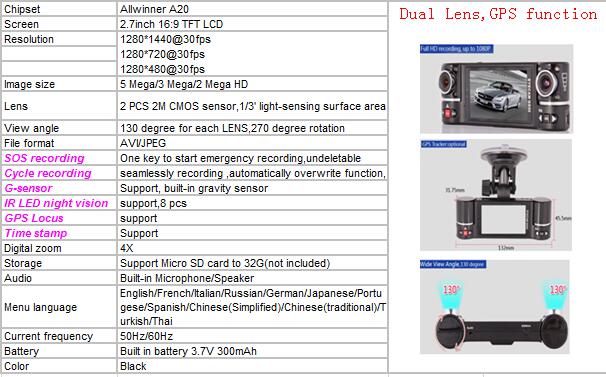 NEW 27 TFT LCD Dual Camera Rotated Lens Car Security Camera Recorder Dash Cam with GPS NEW 27 TFT LCD Dual Camera Rotated Lens Car Security Camera Recorder Dash Cam with GPS