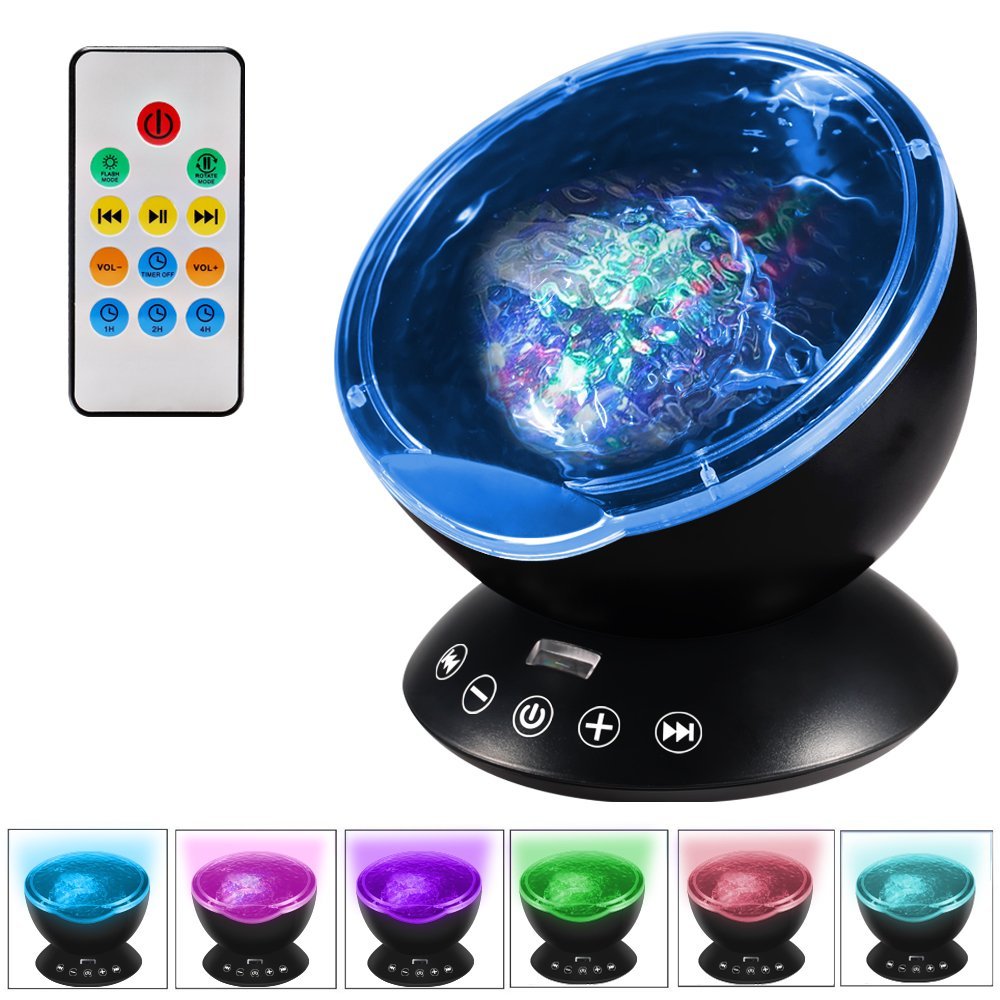 Remote Control Ocean Wave Projector 12 LED 7 Colors Night Light with Mini Music Player for Living Room and Bedroom