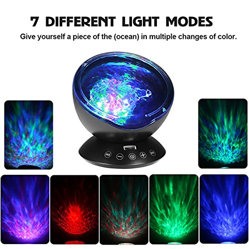 Remote Control Ocean Wave Projector 12 LED 7 Colors Night Light with Mini Music Player for Living Room and Bedroom
