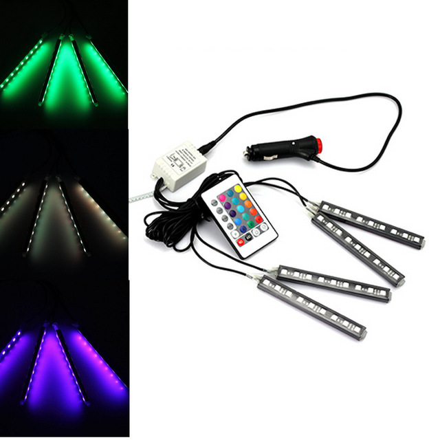 4Pcs/Set Interior Strip Decorative Atmosphere Neon Light Lamp LED Wireless Remote Multi Color RGB Car Lighter
