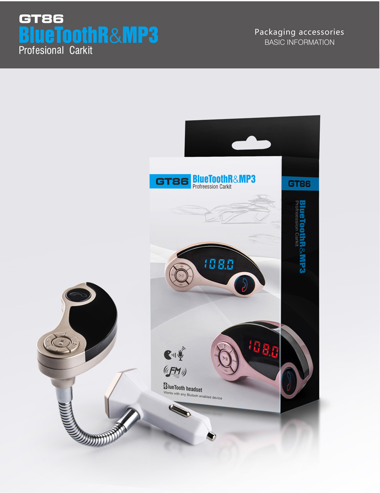 China Factory Supply ABS 5V 25A 2 USB V30 Bluetooth MP3 Player GT86 Car FM transmitter