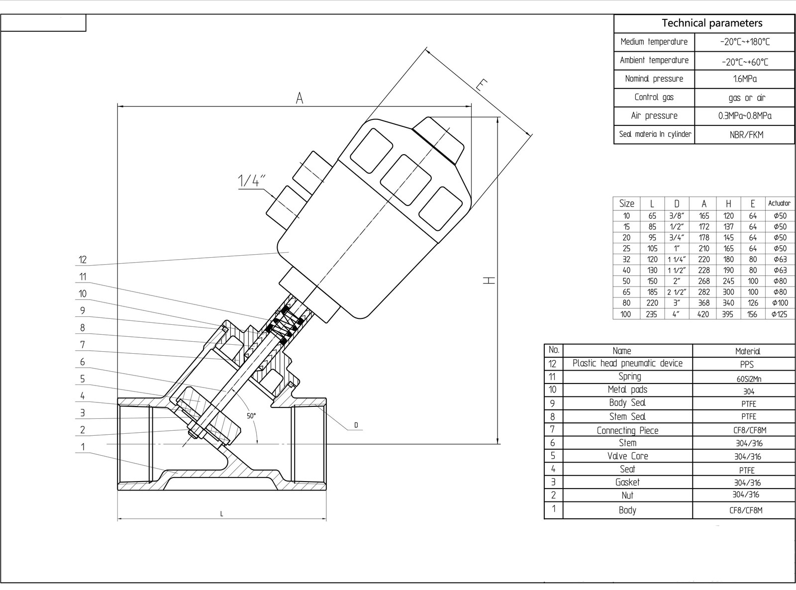 THREAD ENDS PNEUMATIC ACTUATED ANGLE SEAT VALVE