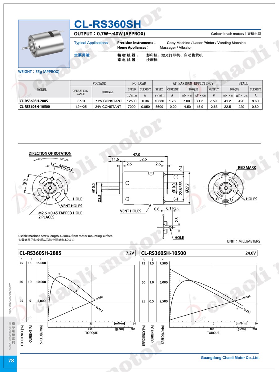 Micro DC Motor CLRS360SH With Trepanning For Portable Car Air Pump And Vacuum Cleaner