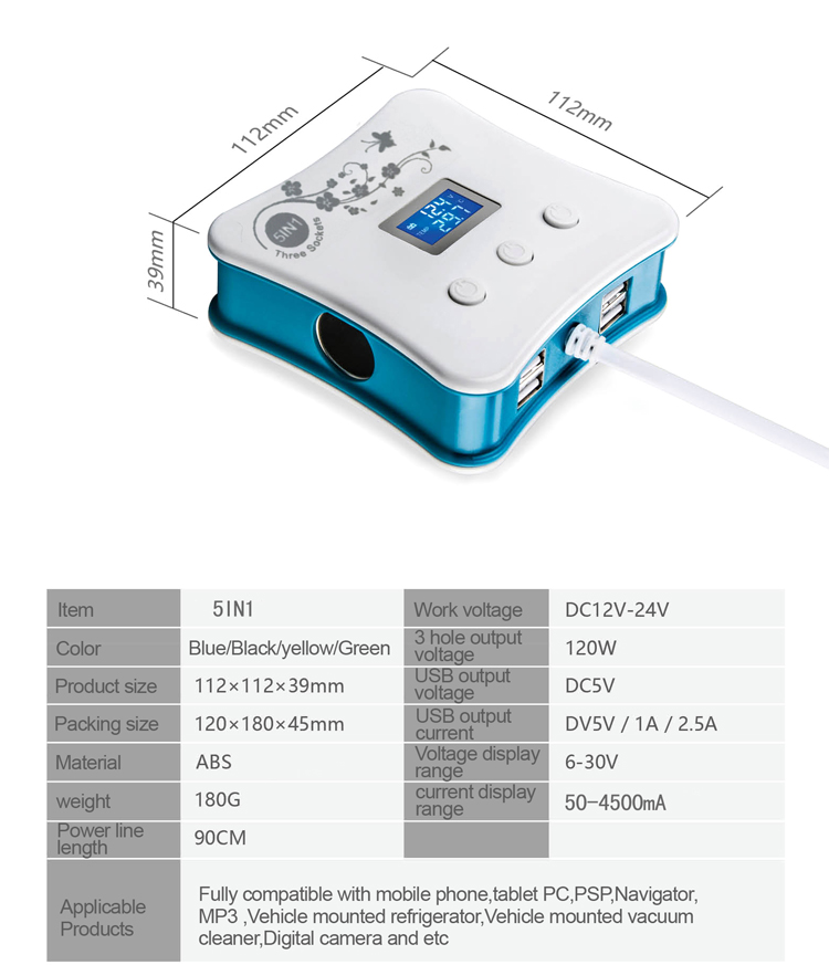 China Made Green 5V 31A 3 Cigarette lighter holes 4 USB Car Charger ZNB05 Car Cigarette lighter with LCD screen display