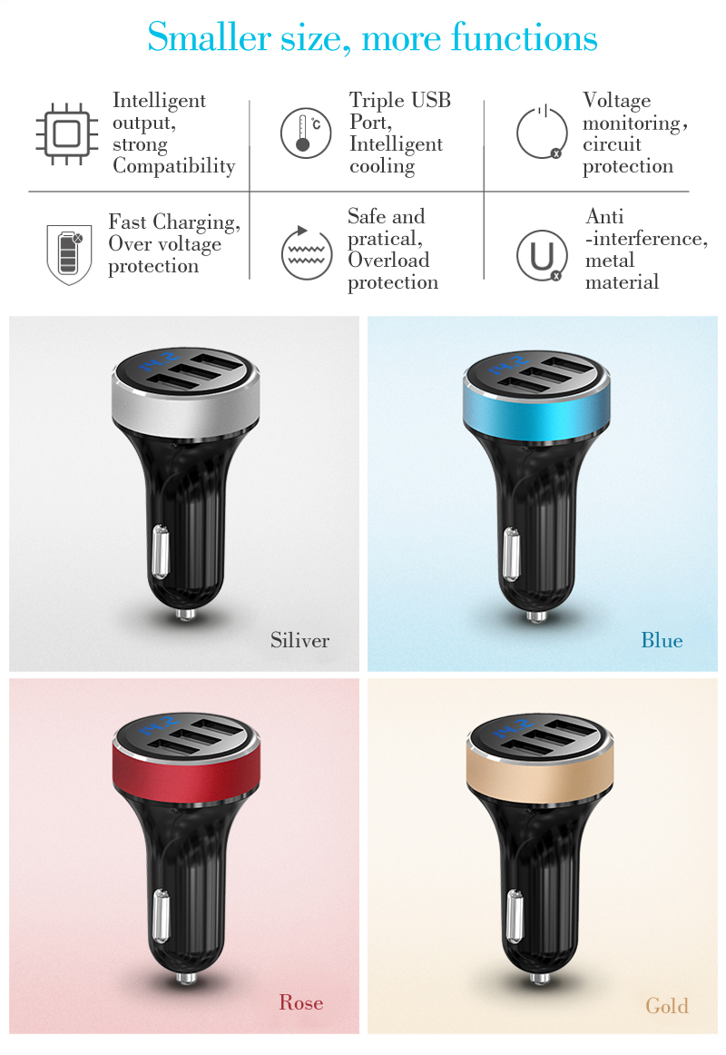 Fashion design ABS 5V 31A 3 USB intelligent Car Charger AP03