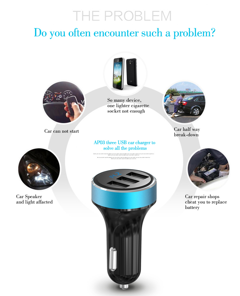 Fashion design ABS 5V 31A 3 USB intelligent Car Charger AP03