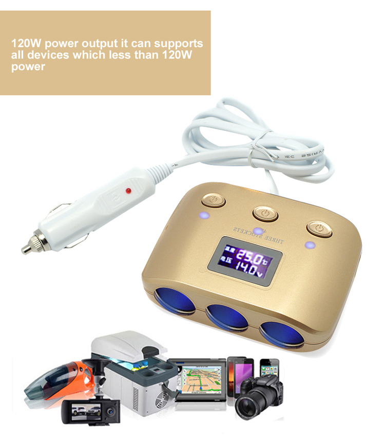 China Made Gold ABS 5V 31A 2 Cigarette lighter holes 2 USB Ports Car Charger with LCD screen display