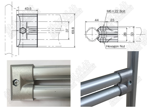 Parallel Double Aluminum Alloy Pipe Fitting Rectangle Oxide Sandblasting Jionts AL9