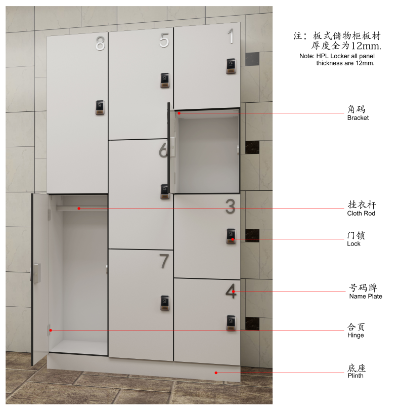 Fumeihua durable 2 tiers 12mm hpl lockers with digital lock