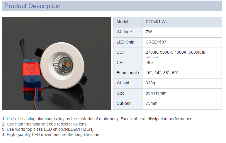 Recessed LED COB downlight 7w 9w