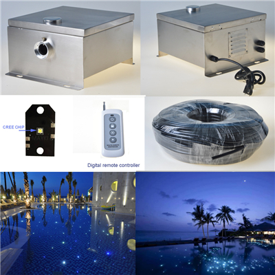 Swimming pool fiber optic light with LED light engine and end glow fiberoptics for star sky effect