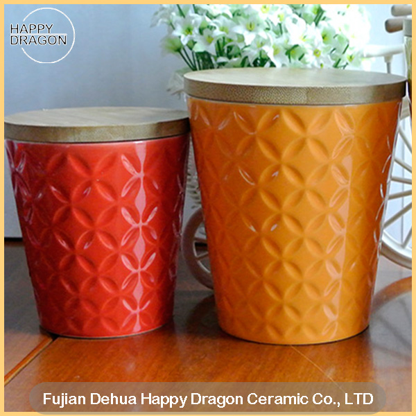 Color Glazed Engraved Ceramic Candle Container With Wood lid