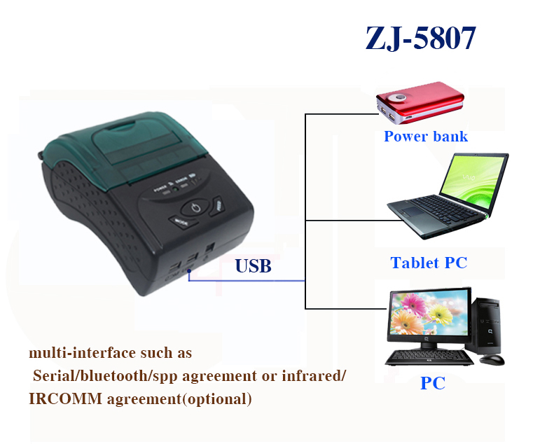 POS China Supplier Hand Held POS Bluetooth Printer Portable with POS Printer Driver ZJ5807