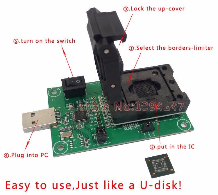 Clamshell Structure eMCP221 Reader to USB for BGA 221 testing size 115x13mm nand flash programmer